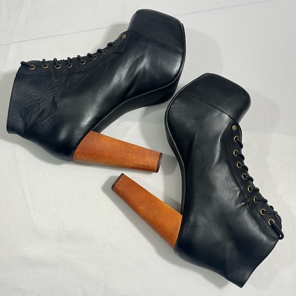 Jeffrey Campbell Lita Ankle Boots Black Leather Wooden Heel Lace-up Women’s 8 - Picture 6 of 13